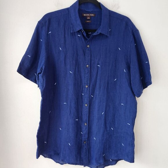 Michael Kors 100% Linen Slim Fit Button Down Shirt Sunglasses Print L - Picture 2 of 9